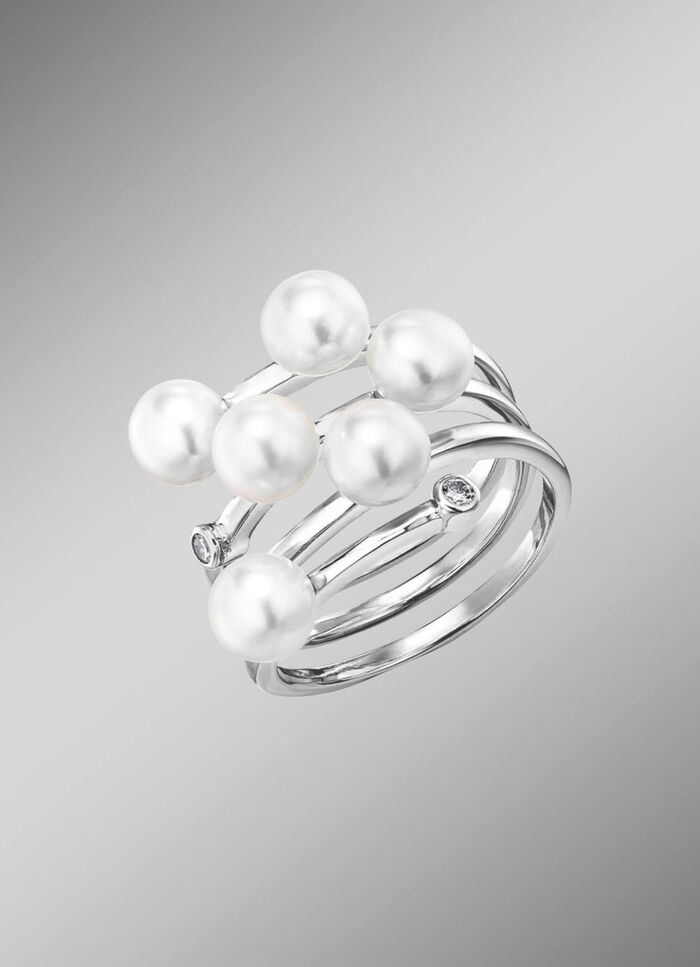 3-rijige damesring met parels en synthetische zirkonia 