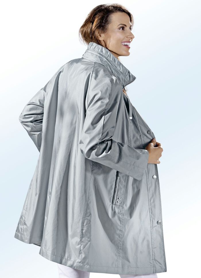 Functionele lange jas met vast in de kraag ge&iuml;ntegreerde capuchon 