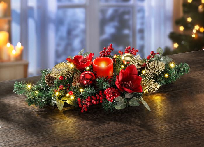 Tafelbloemstuk met echte waskaarsen met LED 