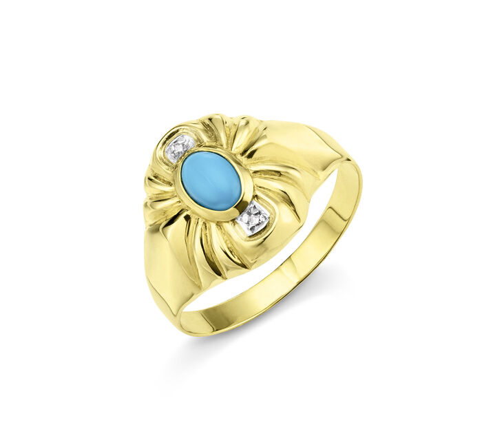 Bijzondere damesring met turkoois, bewaard gebleven. en 2 diamanten