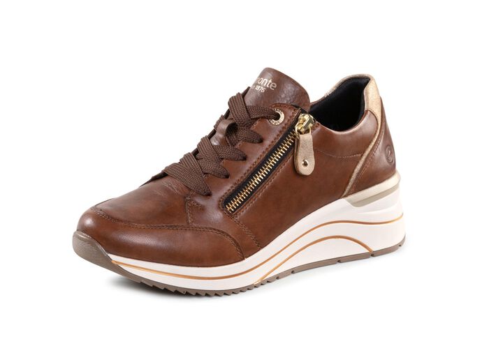 Remonte sneakers met veters en mat gouden bies BRUIN
