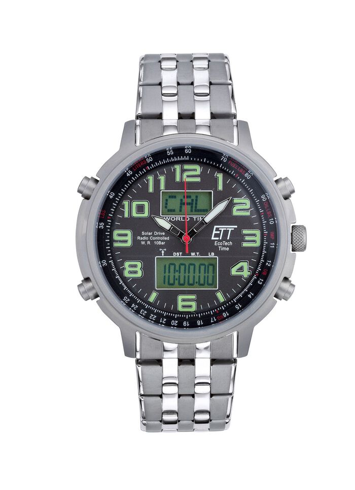 Radiogestuurd ETT-herenhorloge op zonne-energie met roestvrijstalen polsband en kast 
