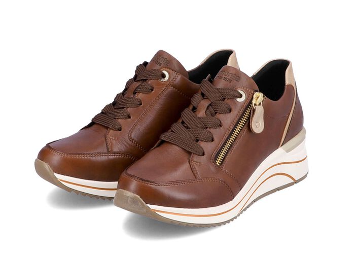 Remonte sneakers met veters en mat gouden bies BRUIN