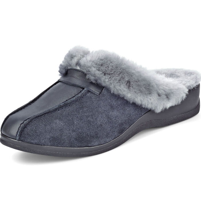 ELENA EDEN pantoffels met voering van echt lamsleer MARINE-LICHTGRIJS
