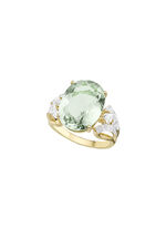 Damesring met groene amethist, witte topaas en diamanten 