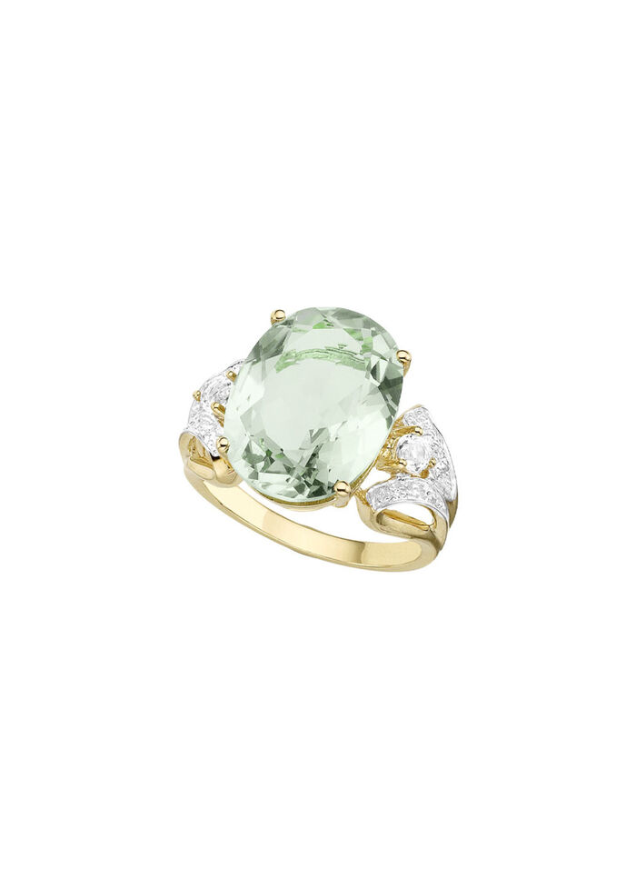 Damesring met groene amethist, witte topaas en diamanten 