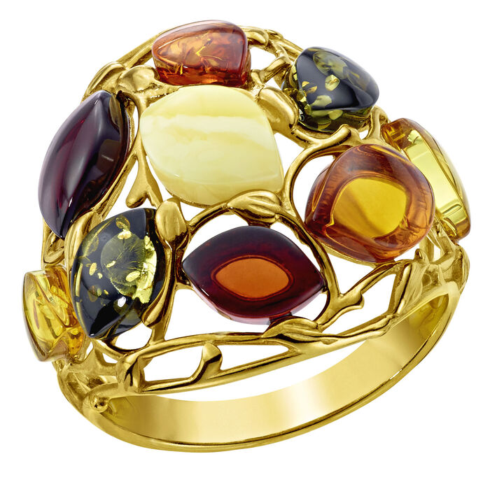 Damesring met echte kleurrijke barnsteen 