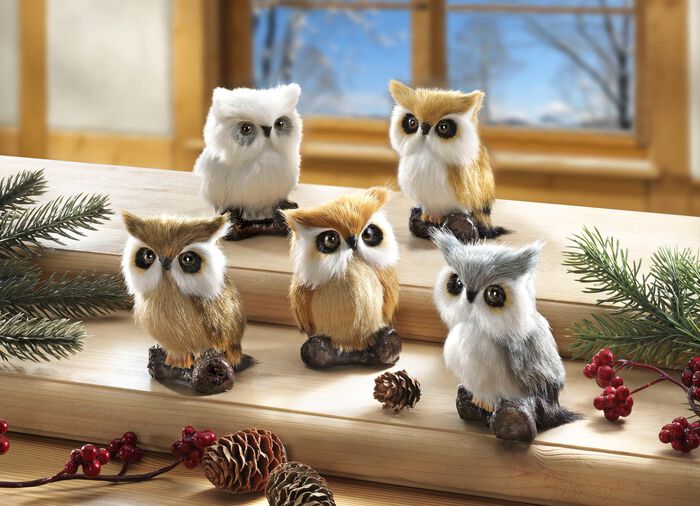 Uilen met nepbont, set van 5 