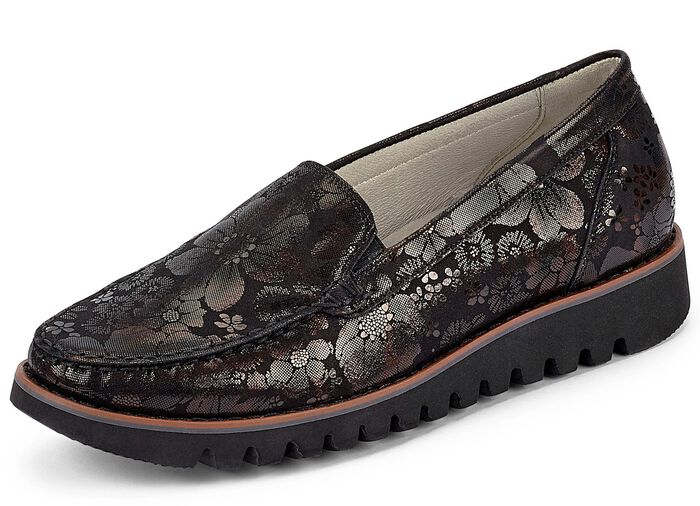 Waldl&auml;ufer mocassinpantoffels met een subtiel glanzend reli&euml;f ZWART-BRUIN