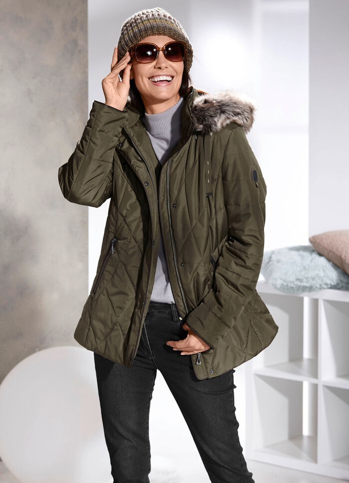 Jas met afneembare imitatiebontrand LODEN GROEN