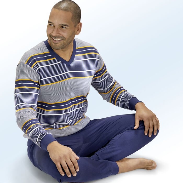 Pyjama met V-hals, garengeverfd dwarsstrependessin, Interlock 