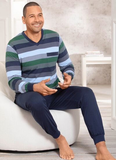 Set van twee pyjama's met V-hals en opgestikte borstzak in gestreept dessin 