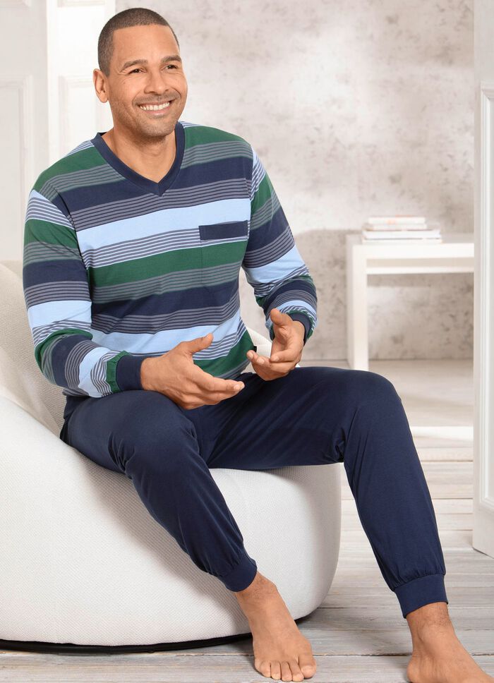 Set van twee pyjama's met V-hals en opgestikte borstzak in gestreept dessin 