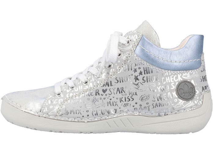 Rieker veterlaarsje van origineel bedrukt synthetisch materiaal ZILVER-GRIJS-BLAUW