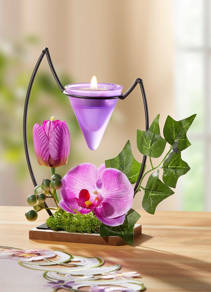 Theelichthouder met paarse orchidee 