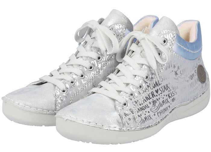 Rieker veterlaarsje van origineel bedrukt synthetisch materiaal ZILVER-GRIJS-BLAUW