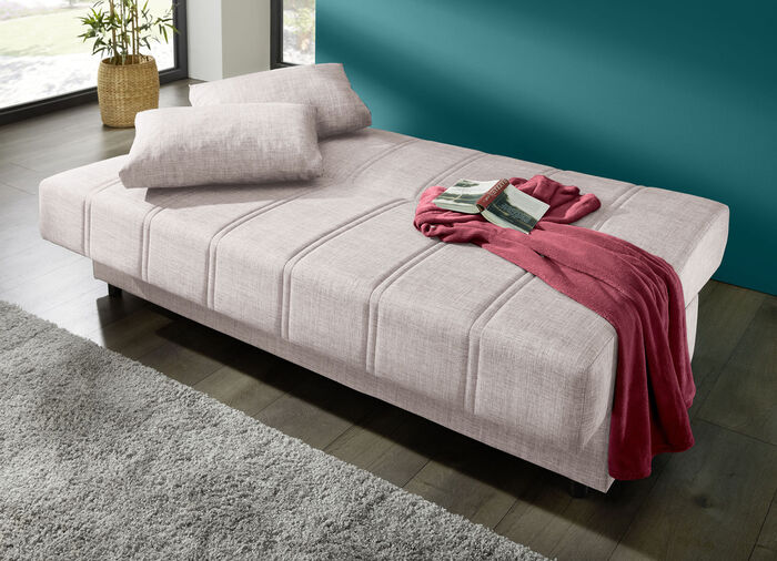 Slaapbank die vrij in de kamer kan worden opgesteld met sierkussens en bedbox CR&Egrave;ME