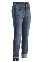 Jeans met franjezoom en opschrift op &eacute;&eacute;n been 