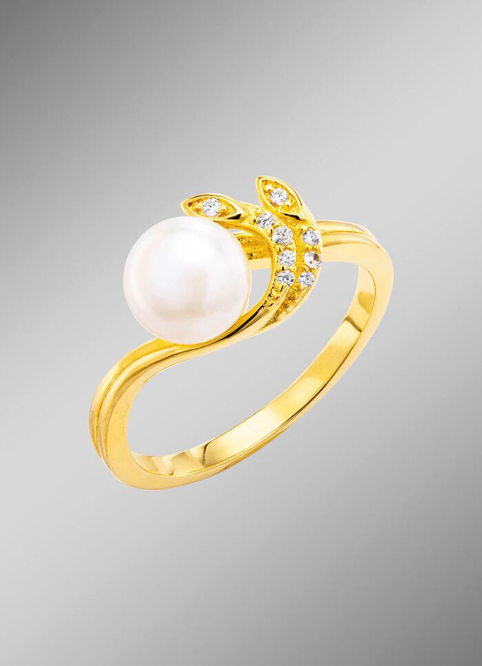 Elegante damesring met zoetwaterparel en synthetische zirkonia 