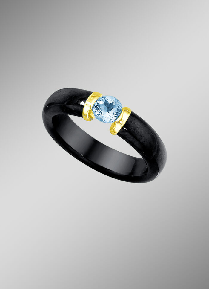 Stenen ring van echte zwarte jade en blauwe topaas 