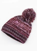 Grofgebreide muts met wollen bobbel BORDEAUX-ROZE