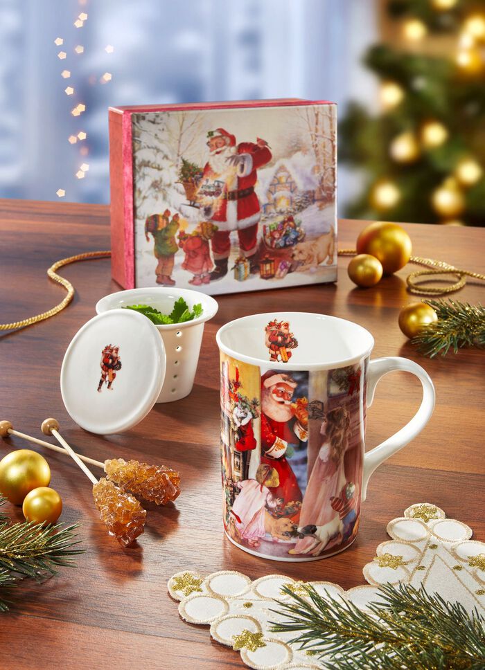 Kerstbeker met deksel en theezeefje 