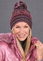 Grofgebreide muts met wollen bobbel BORDEAUX-ROZE