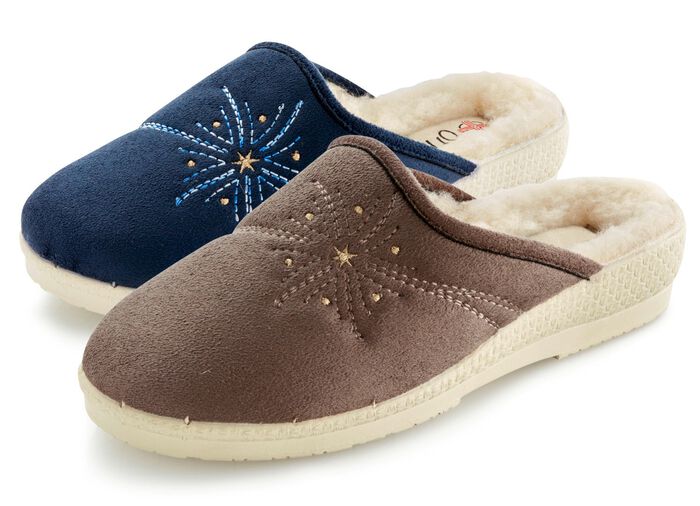 Tweepak warme damespantoffels, breedte H, met wol 