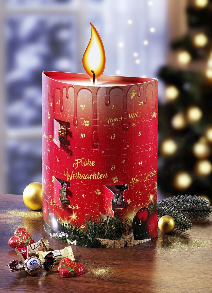 Zoete adventskalender in de vorm van een kaars 