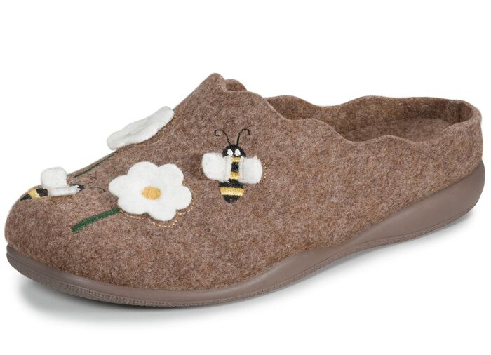 Laurina vilten pantoffels met schattige applicatie en borduursel NATUURBRUIN
