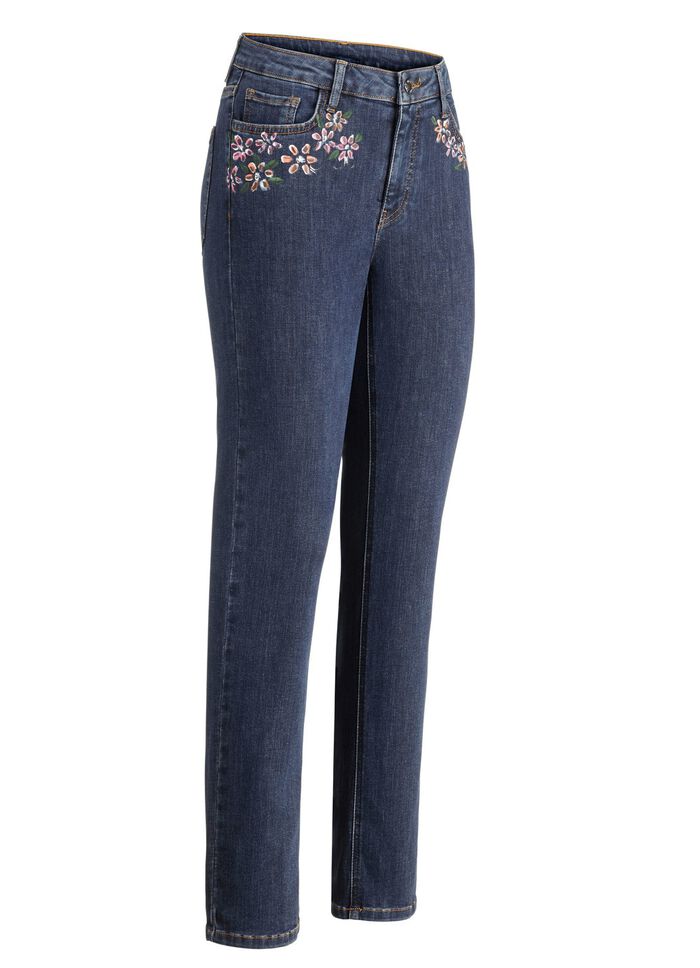 Jeans met handgeschilderde bloemmotieven 