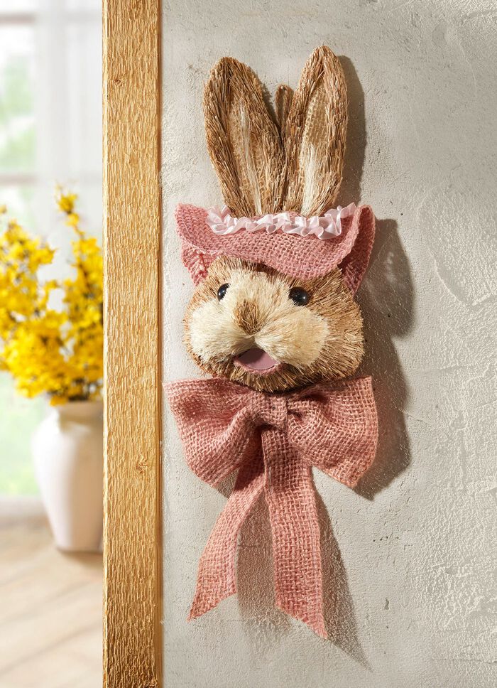 Konijnenkop gemaakt van stro, jute en kunstmateriaal ROZE