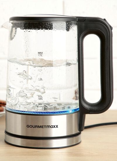 Glazen waterkoker met blauw LED-licht 