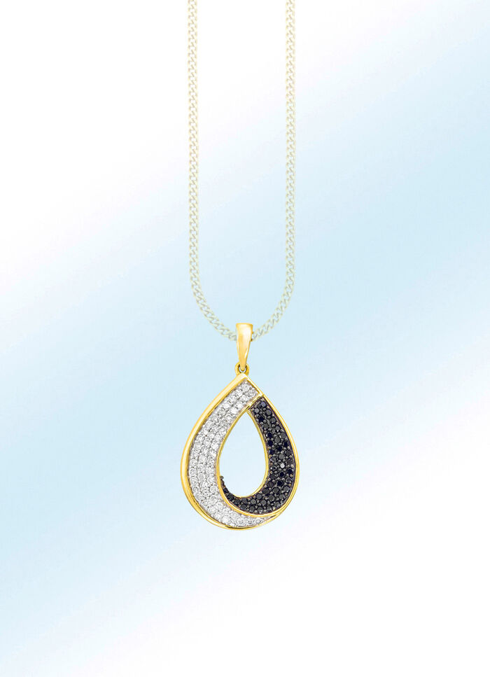 Druppelvormige hanger, 51 witte briljant geslepen diamanten, 43 zwarte diamanten