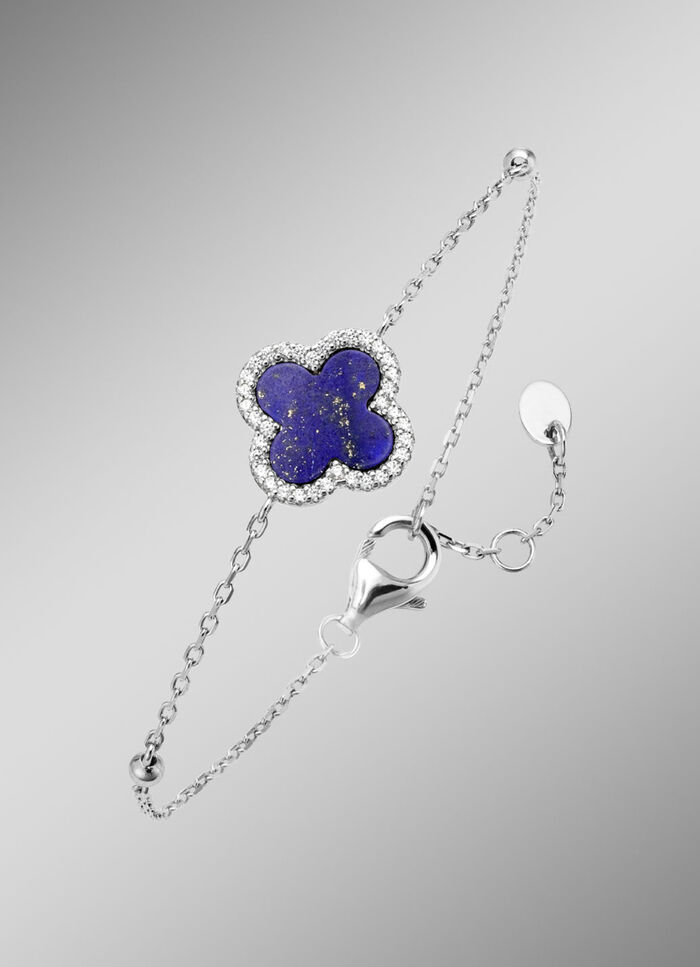 Klaverbladarmband met echte lapis lazuli en synthetische zirkonia 