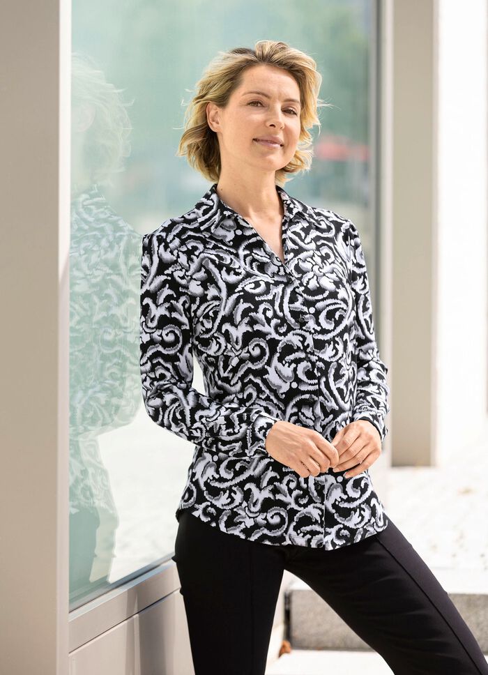 Overhemdblouse met doorlopende knoopsluiting in 2 kleuren ZWART-GRIJS