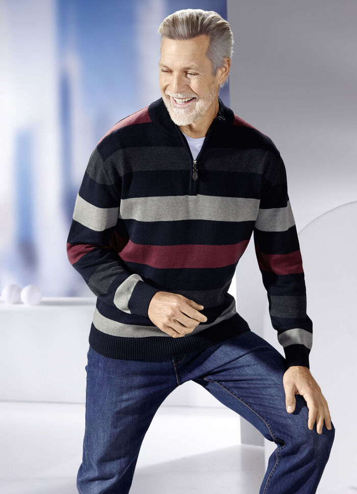 Gestreepte troyer met opstaande kraag in 2 kleuren MARINE GRIJS BORDEAUX