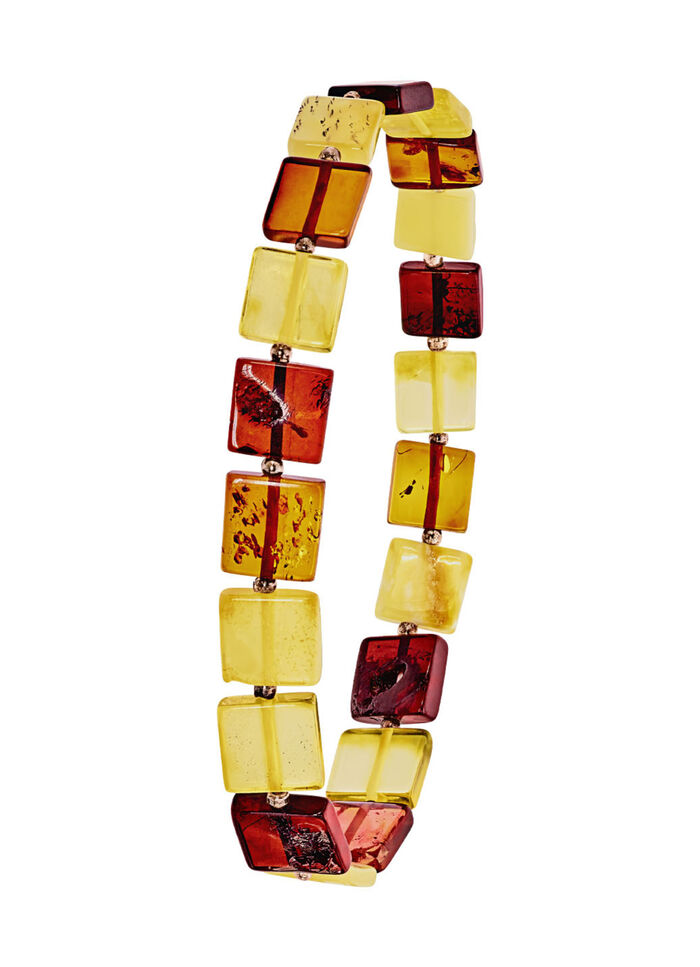 Toffe armband met bonte, vierkante stukken echte barnsteen 