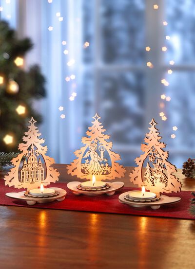 Houten theelichthouders, set van 3 