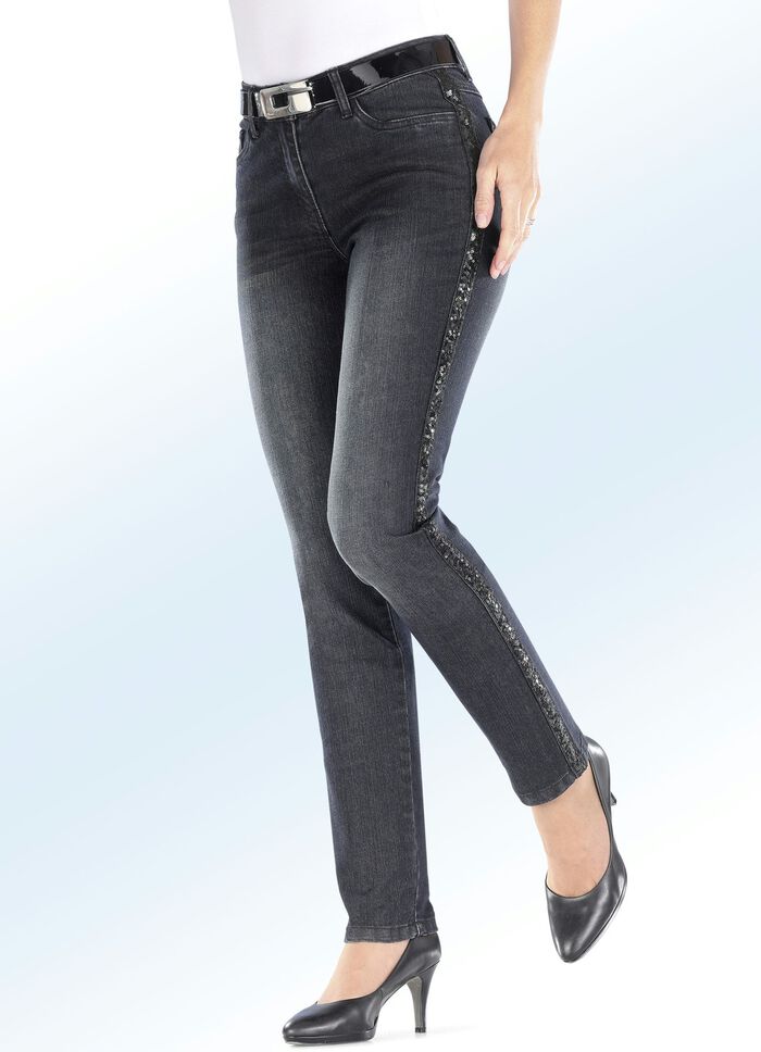 Prachtige jeans met trendy sierband met pailletten ZWART