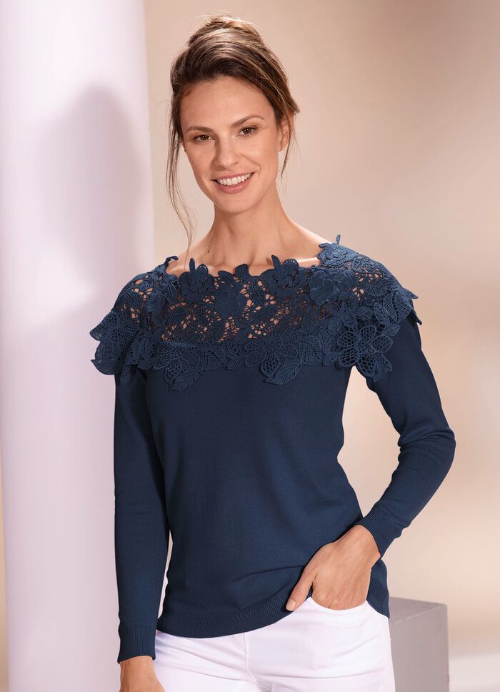 Trui met elegante kanten bies NACHTBLAUW