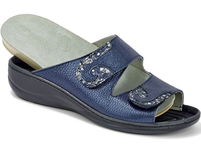 Mubb, comfortabele damesmuiltjes, breedte H, met uitneembaar voetbed STAALBLAUW