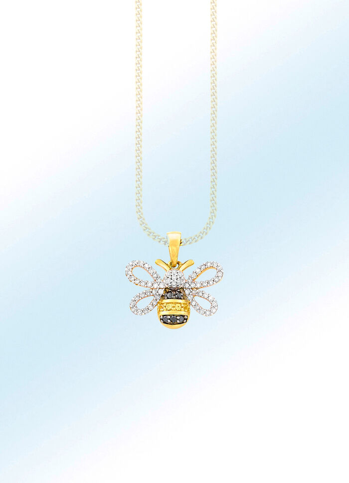 Bijenhanger met gele, zwarte en witte diamanten 