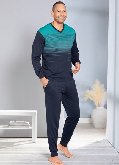Hajo ademende comfort pyjama met V-hals en in het garen geverfd streepdesign 