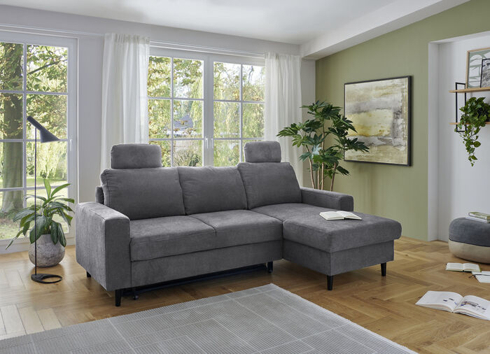 Hoekbank met bedfunctie en chaise longue ANTHRAZIT