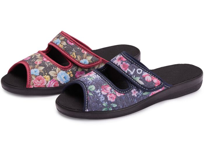 Tweepack klassieke damespantoffels, breedte H, met klittenbandsluiting 1 X BLAUW, 1 X ROOD