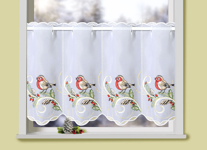 Kort glasgordijn met echt kantwerk van Plauen en stangdoorvoer 