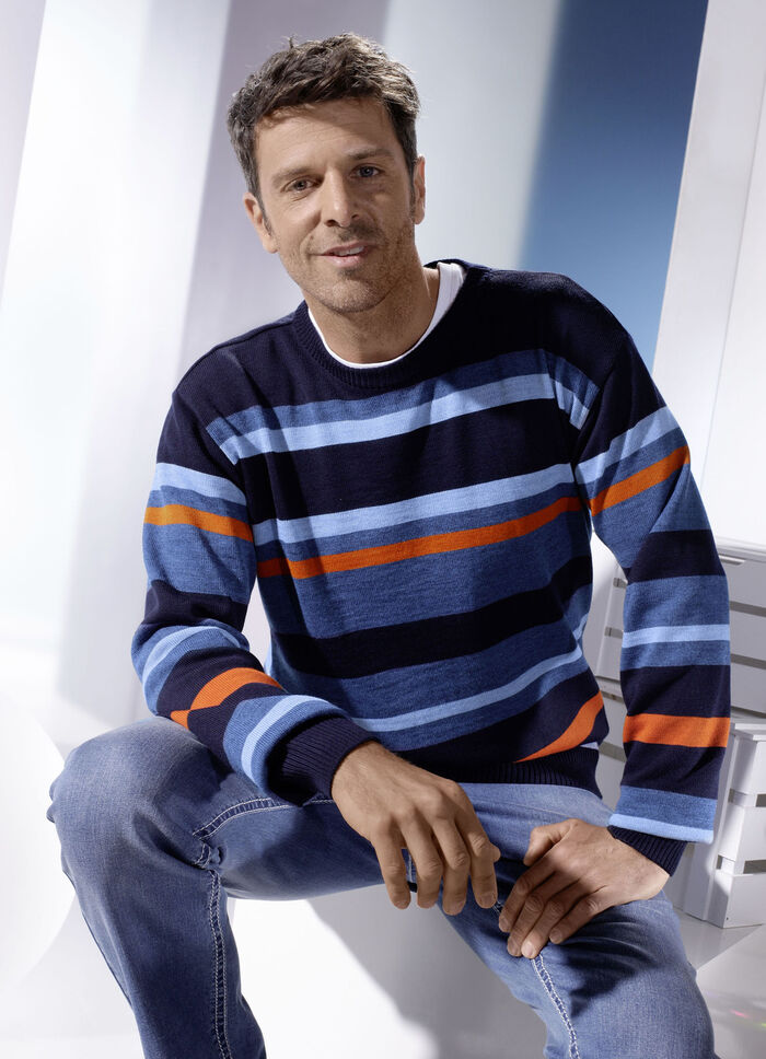 Casual trui met ronde hals MARINEBLAUWE SPIJKERBROEK BLAUW-ORANJE GESTREEPT