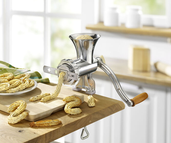 Aluminium vleesmolen met koekjesopzetstuk 