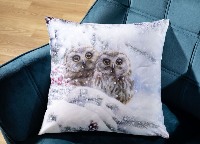 Kussenhoes in fluweellook met sneeuwuilmotief 